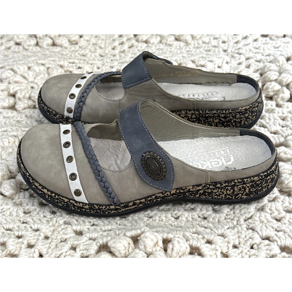 Rieker Women's Mary Jane Slides Sz 6 Two Tone Gray Brown Leather Comfort Mules - Picture 3 of 10